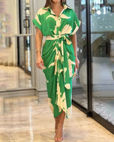 Casual Lapel Neck Waist Print Shirt Dress mysite Green S 